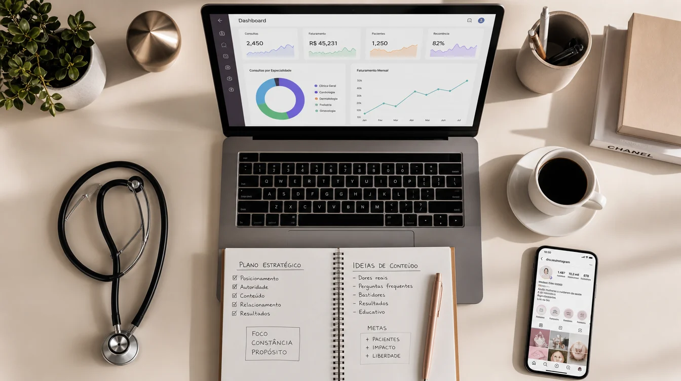 Flat lay da mesa de trabalho de uma médica com dashboard de analytics