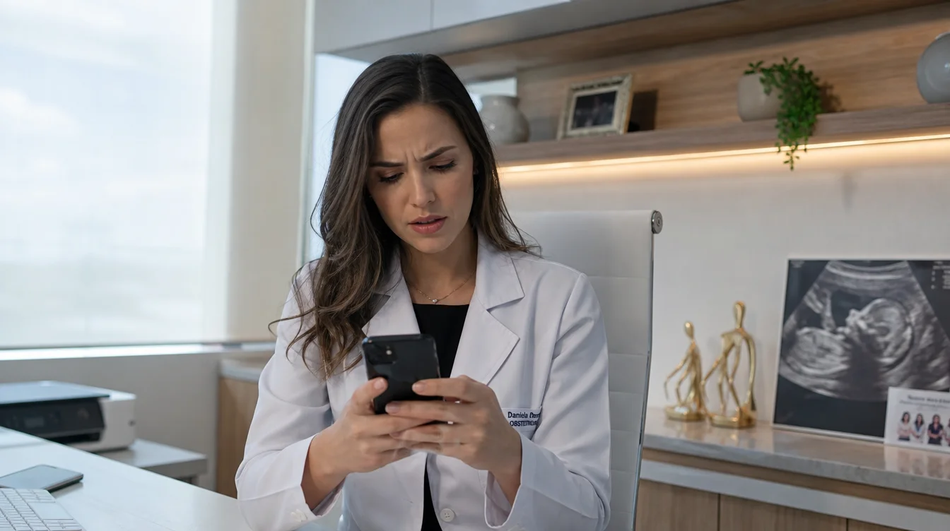 Médica olhando para smartphone com expressão preocupada