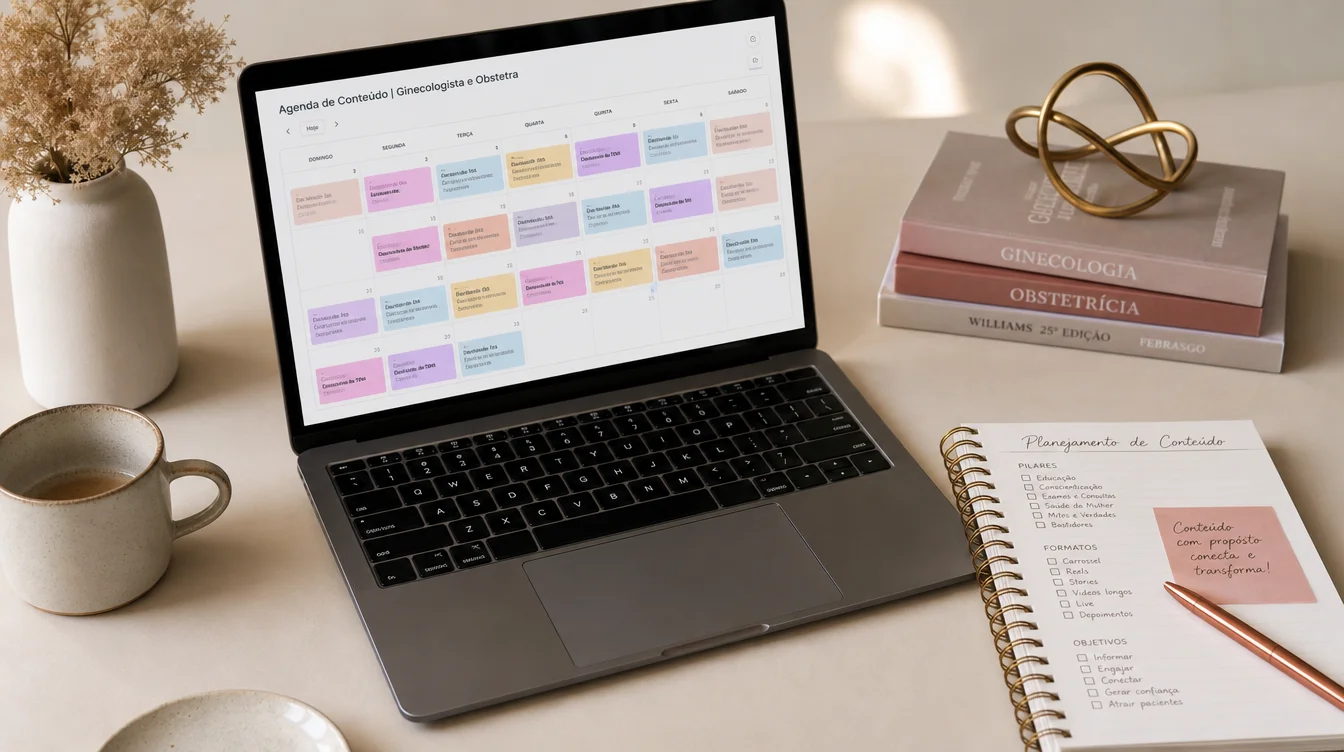 Agenda de conteúdo estratégico com calendário colorido e planejamento organizado