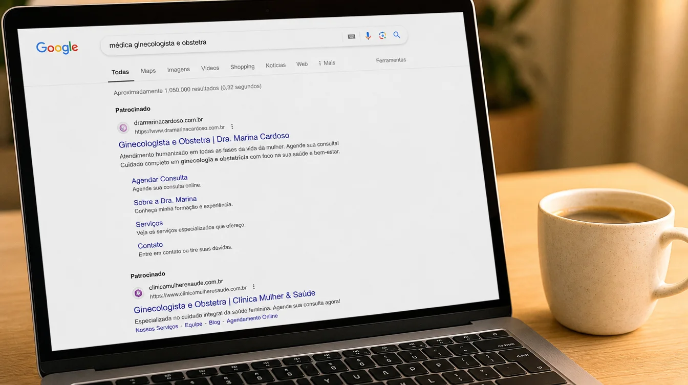 Tela de laptop mostrando resultados de busca do Google com anúncios de clínica médica em destaque