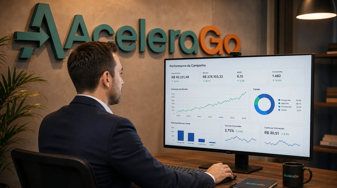 Profissional de marketing analisando gráficos de performance de campanha com tendência de alta