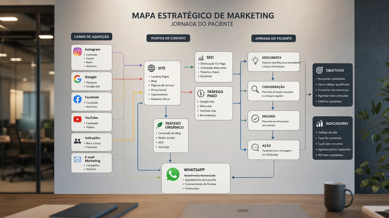 Mapa estratégico de marketing com Instagram conectado a site e Google