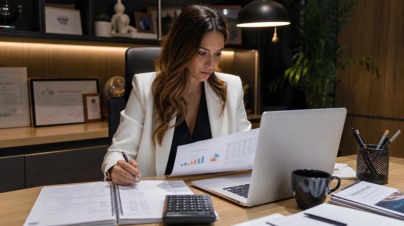 Profissional revisando gráficos financeiros e métricas de marketing no laptop