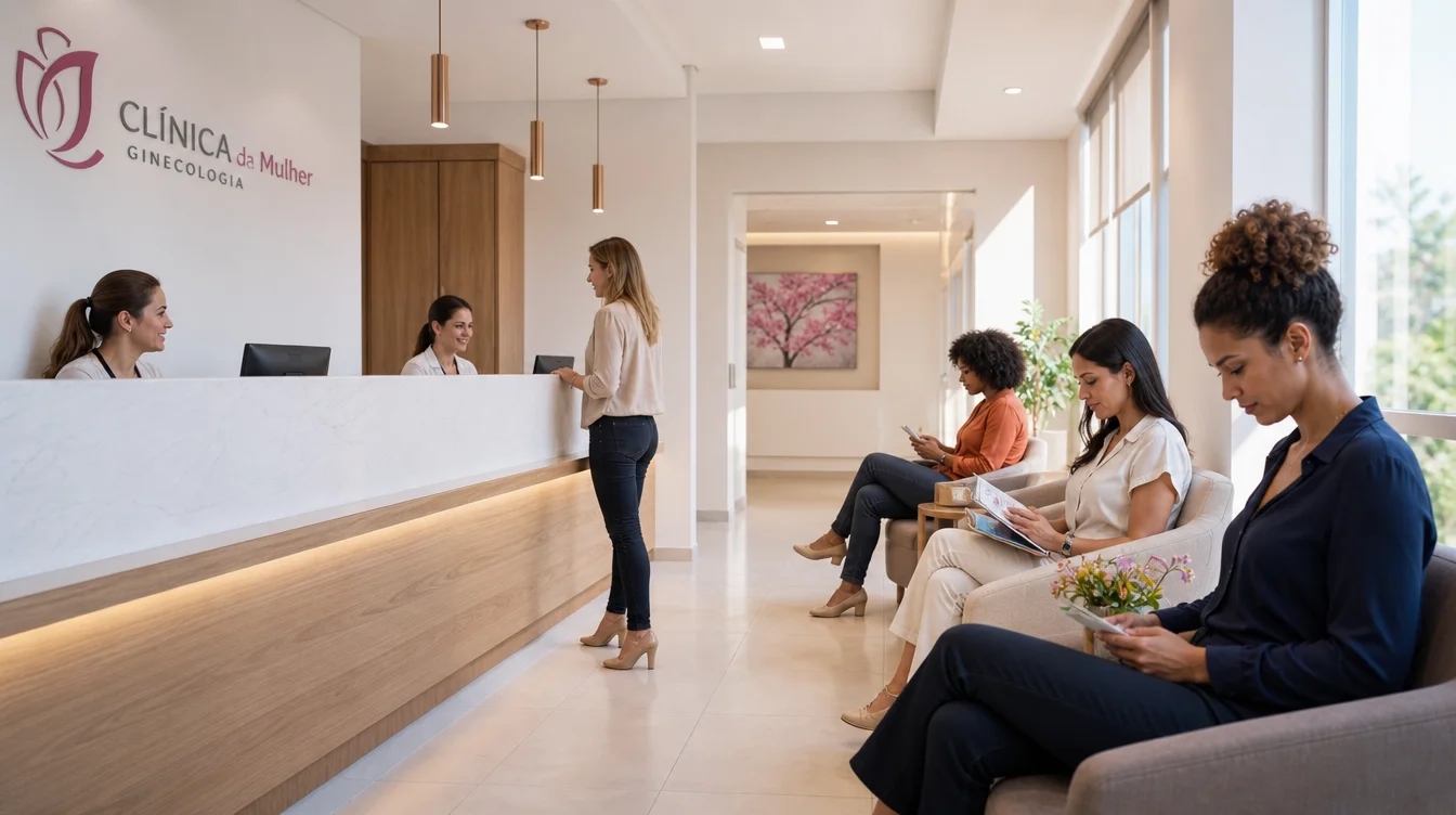Recepção movimentada de clínica de ginecologia moderna com pacientes esperando