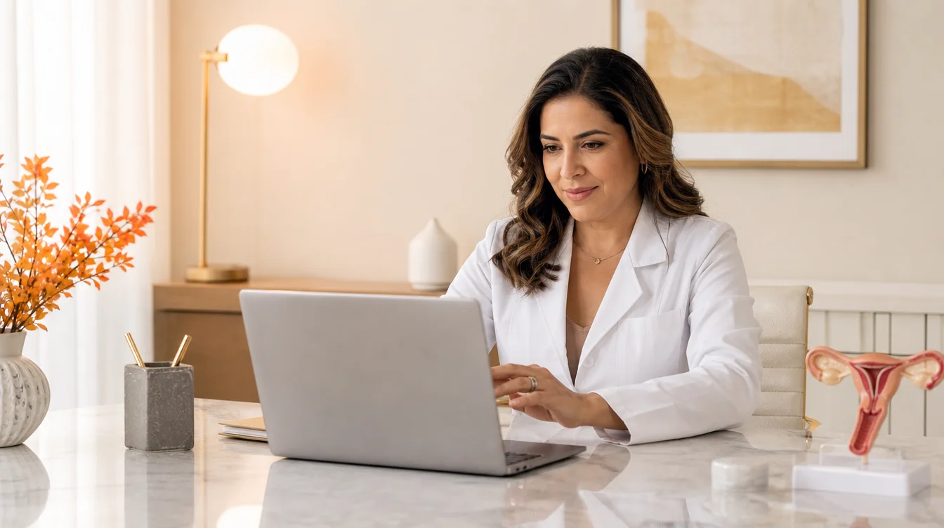 Médica ginecologista analisando dados de crescimento de clínica em notebook no consultório