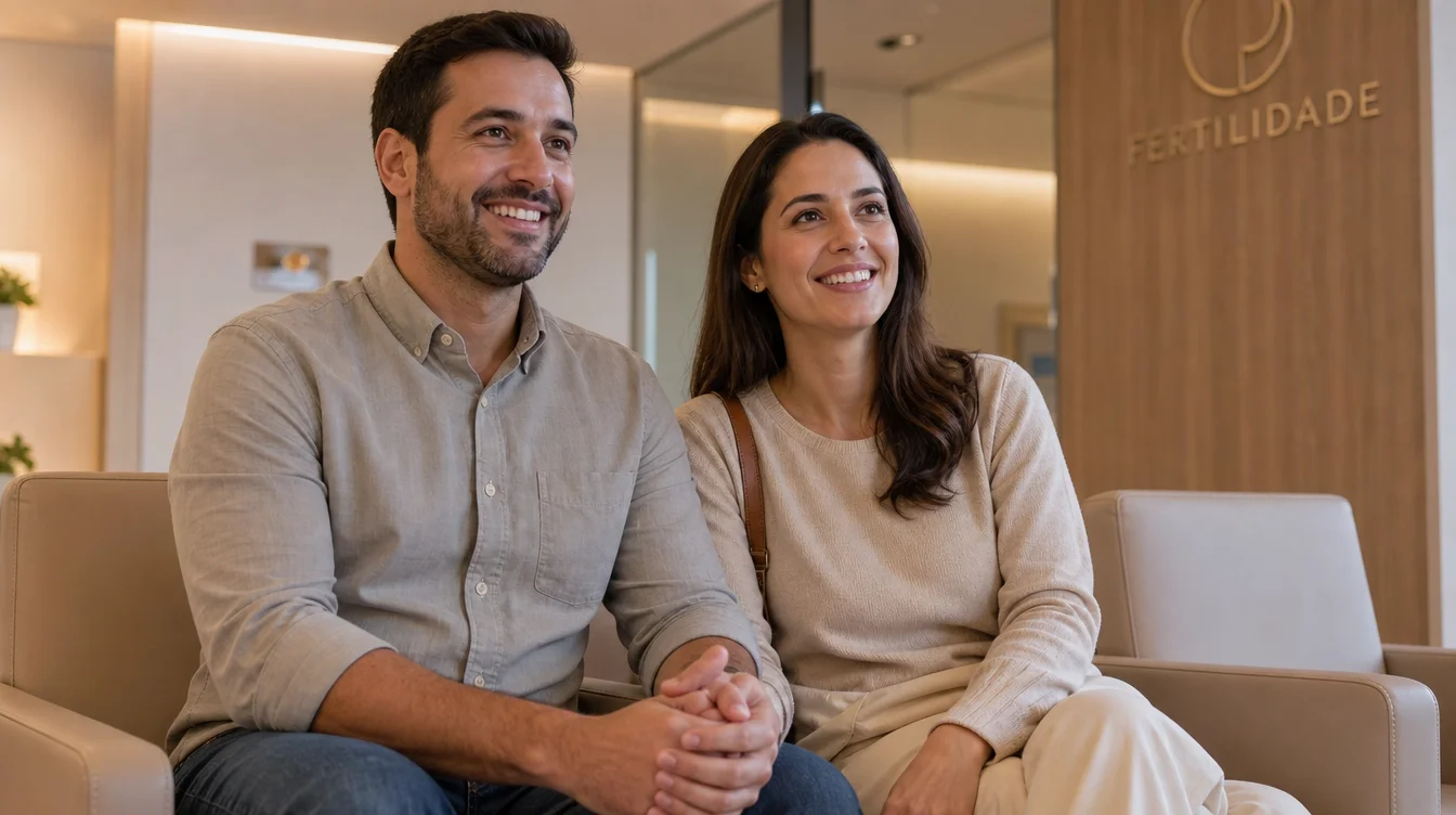 Casal esperançoso de mãos dadas na sala de espera de clínica de fertilidade moderna