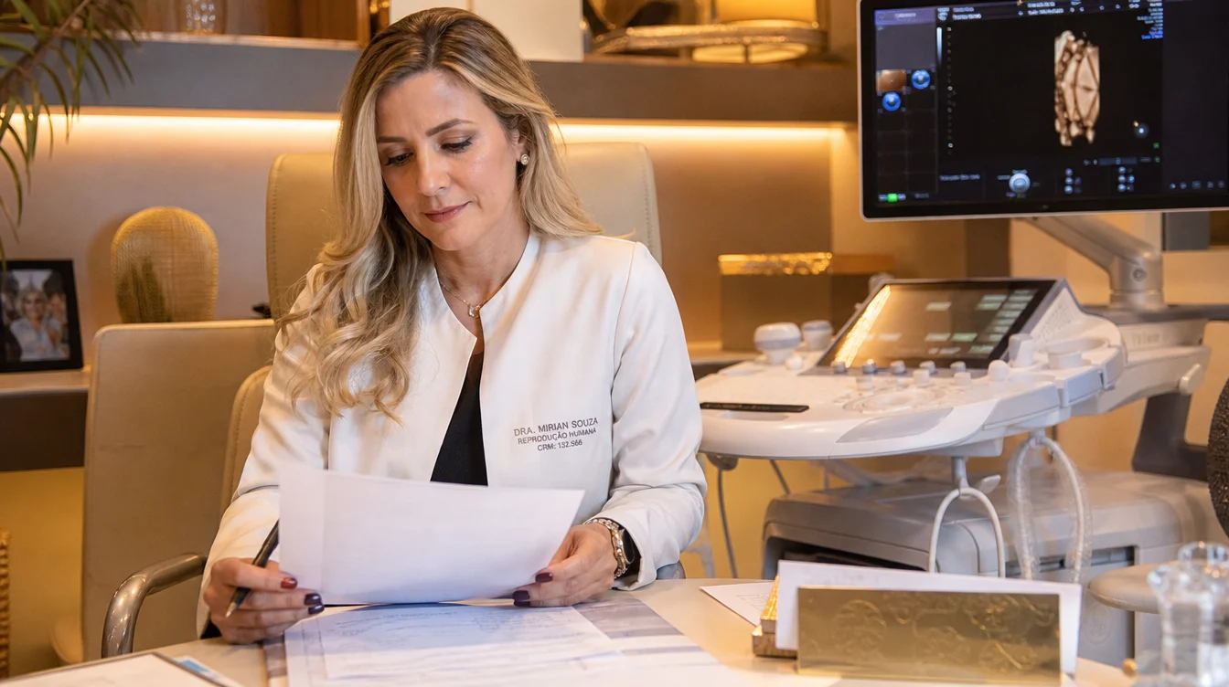 Especialista em medicina reprodutiva revisando prontuários em clínica moderna