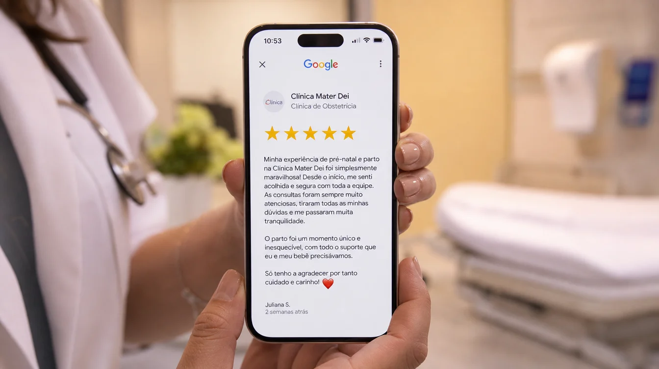 Tela de smartphone mostrando avaliação cinco estrelas no Google para clínica médica