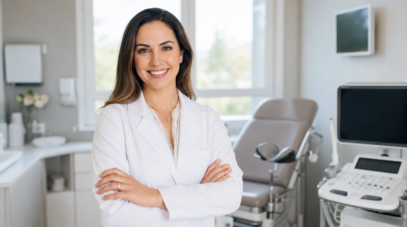 Ginecologista sorrindo com confiança em clínica moderna