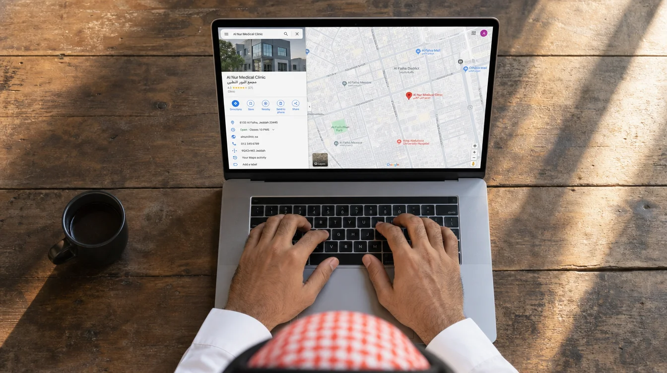 Vista de cima de mãos digitando em laptop com Google Maps aberto mostrando clínica médica